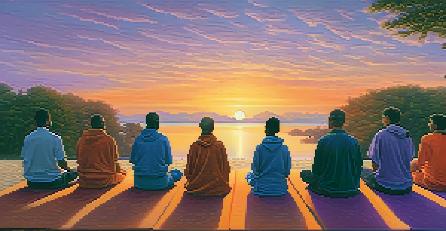 A group of people practicing mindfulness outdoors at sunset, surrounded by a tranquil landscape with orange and purple skies, seated on mats in a peaceful setting.