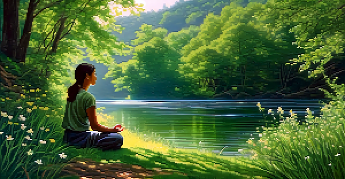 A tranquil river in a green forest with a person meditating by the bank, surrounded by flowers and sunlight filtering through trees.