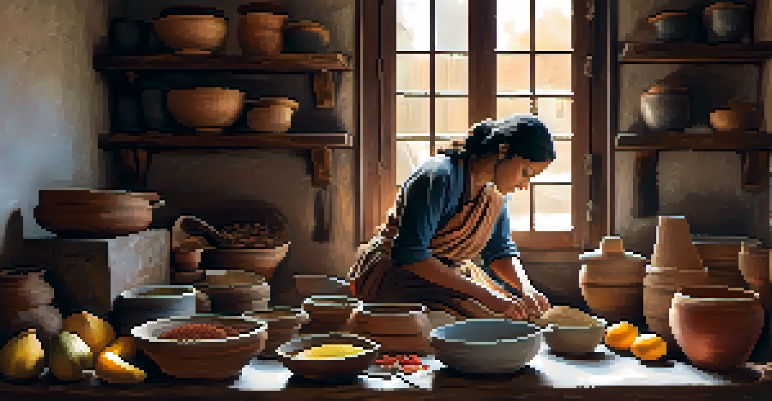 A woman preparing traditional food in a rustic kitchen, surrounded by fresh ingredients and natural light.