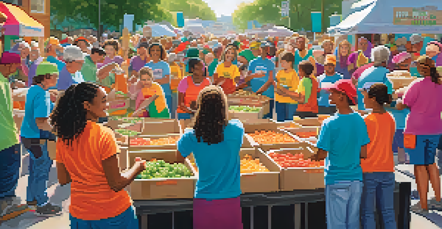 A diverse group of people at a community event packing food boxes, showcasing teamwork and volunteer spirit.