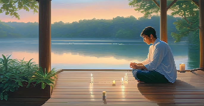 A person meditating on a wooden deck at sunrise, with a lake and mist in the background.