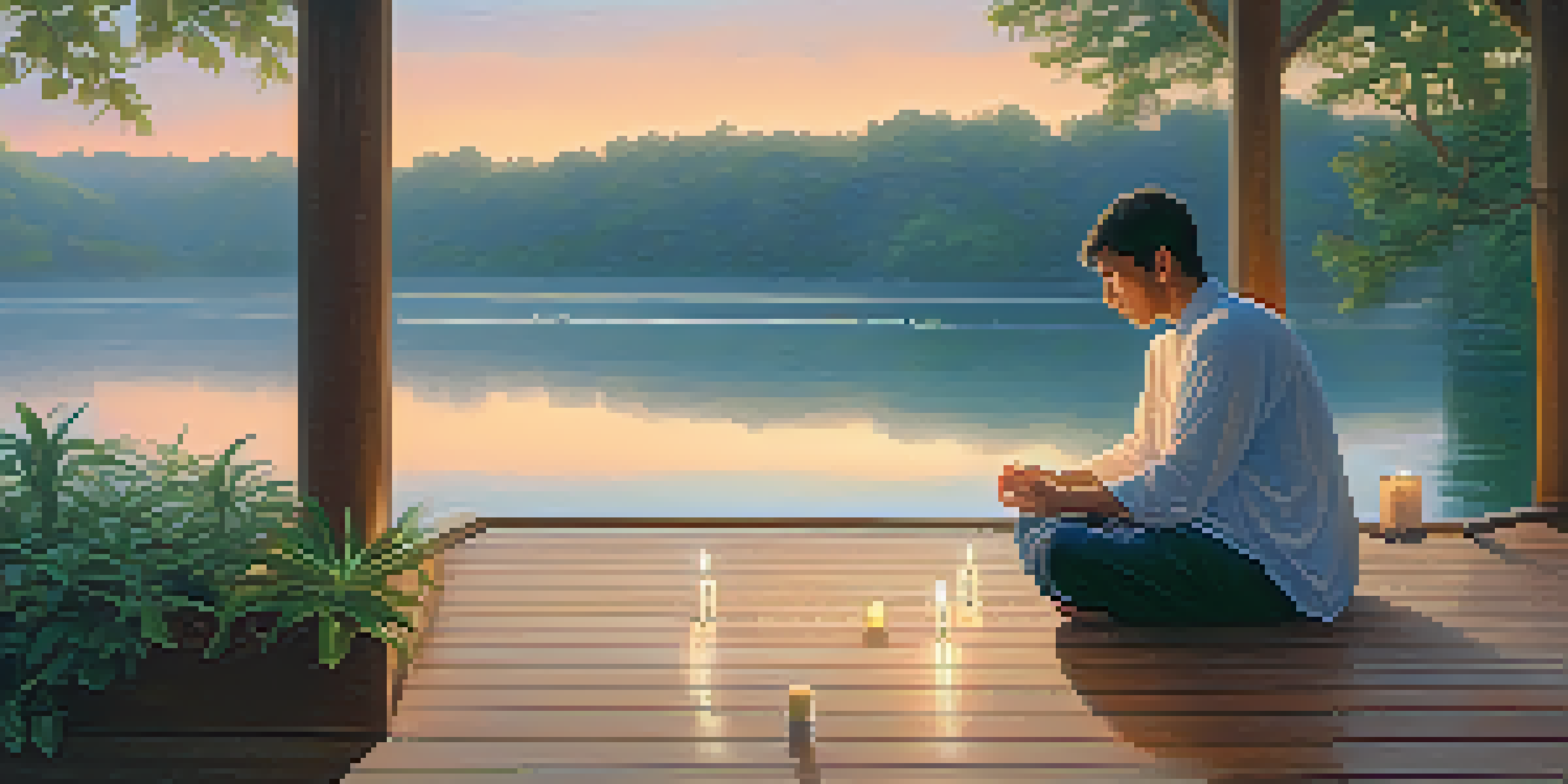 A person meditating on a wooden deck at sunrise, with a lake and mist in the background.