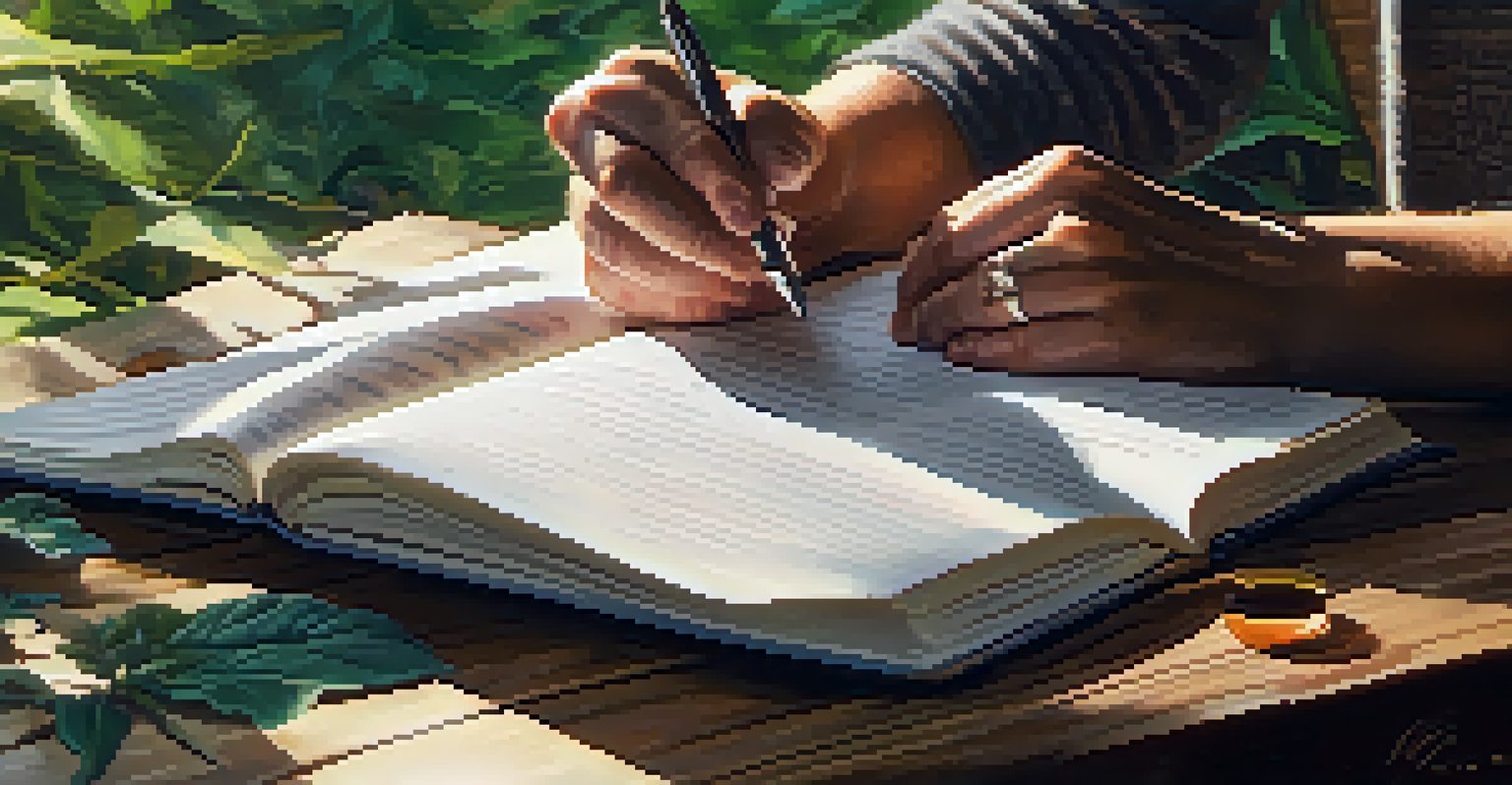 Close-up of hands journaling with a cup of tea on a wooden table surrounded by nature.