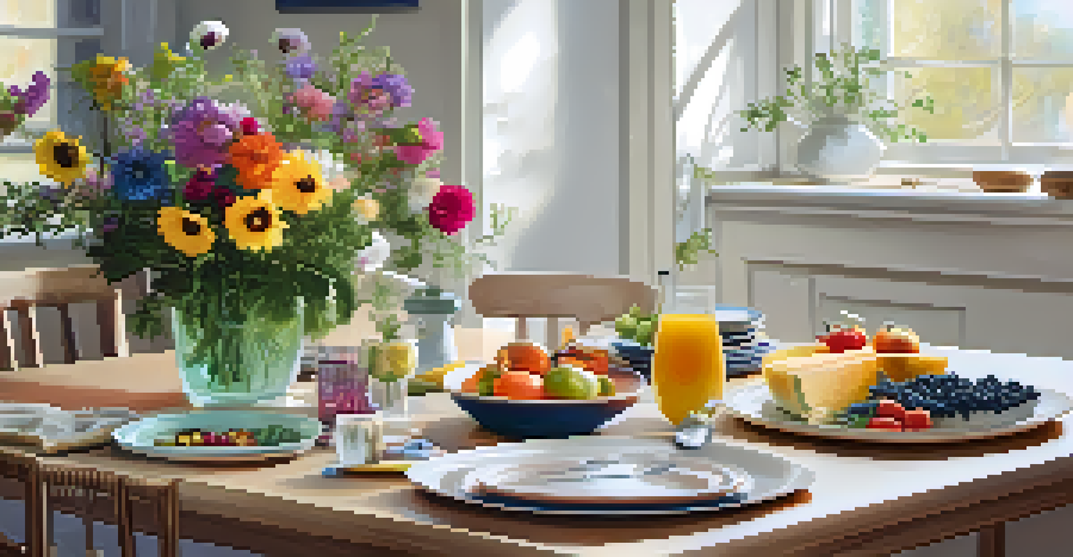 A peaceful kitchen scene with a plate of colorful foods and fresh flowers, evoking a calm atmosphere for mindful eating.