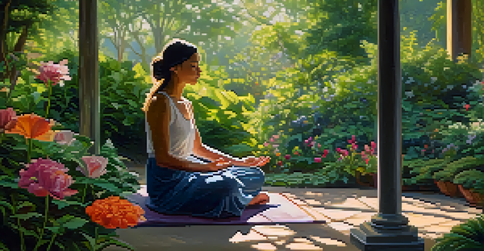 A person meditating in a beautiful garden filled with colorful flowers and greenery, with sunlight filtering through the leaves.