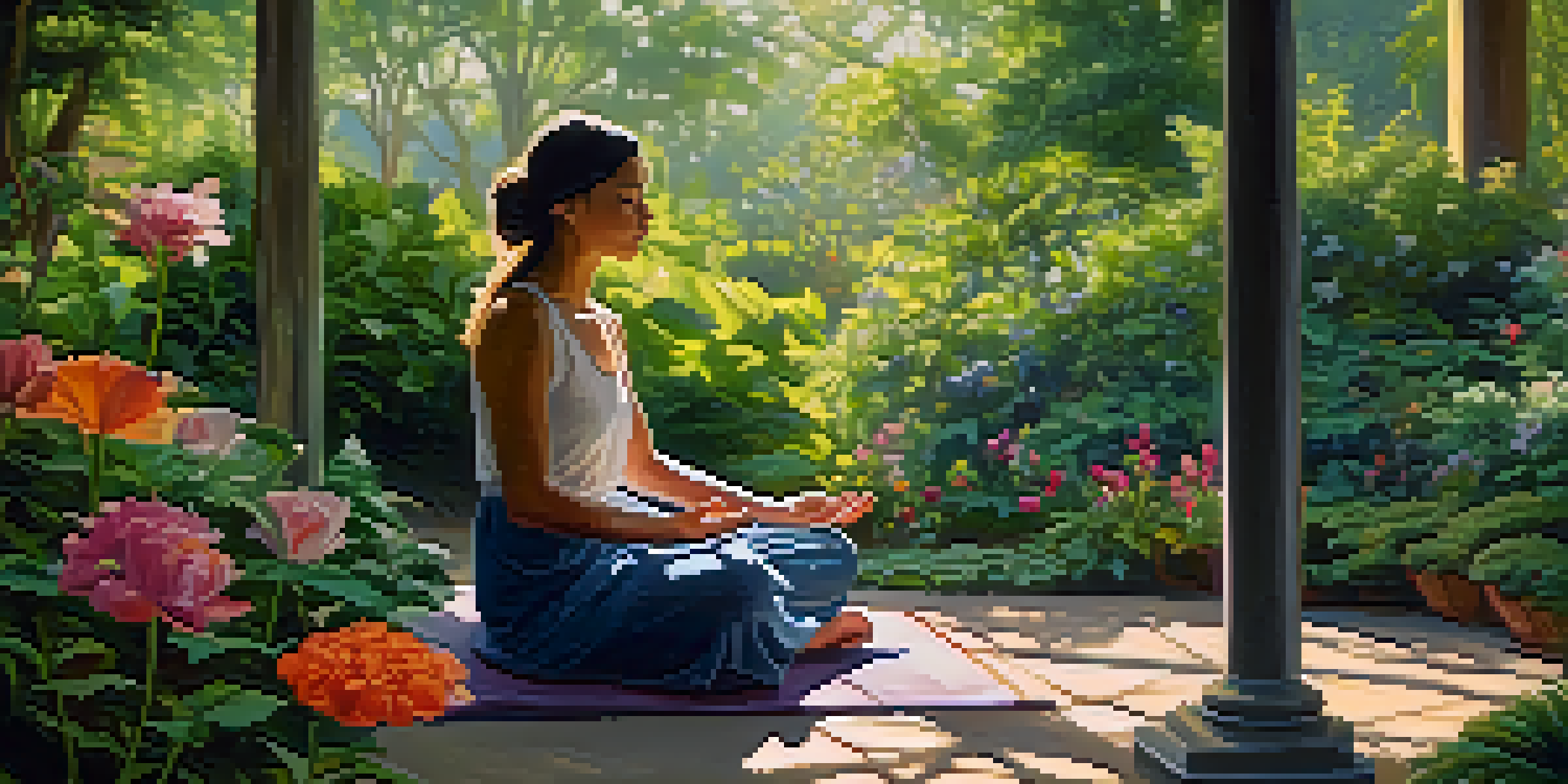 A person meditating in a beautiful garden filled with colorful flowers and greenery, with sunlight filtering through the leaves.