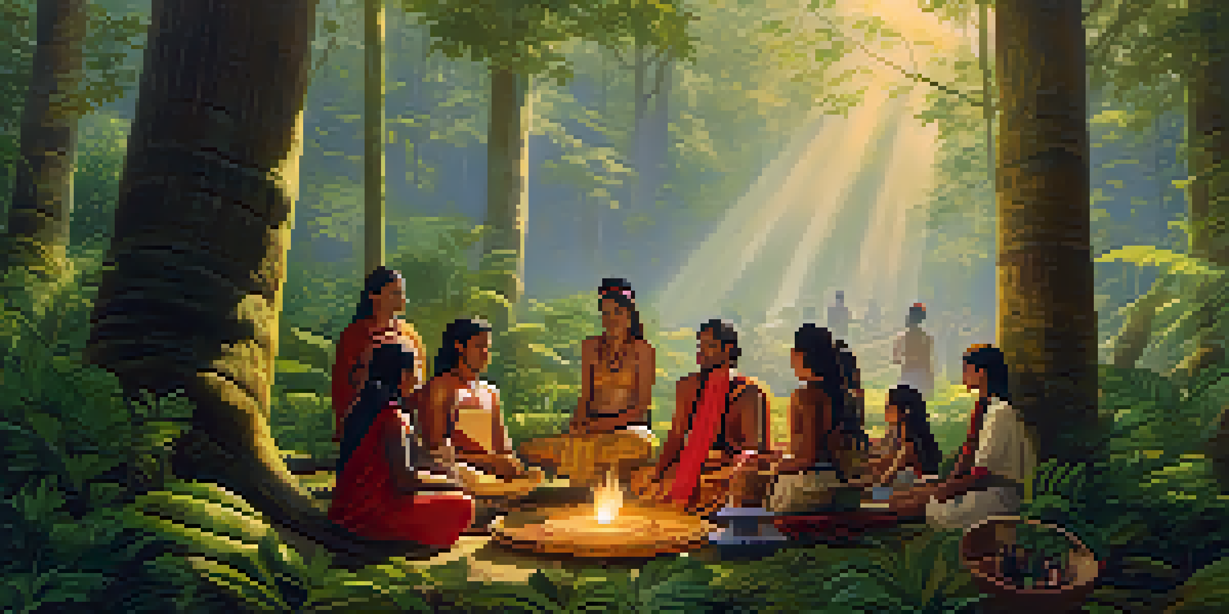 A peaceful forest scene with people participating in a spiritual ritual, surrounded by trees and colorful plants, illuminated by soft golden sunlight.