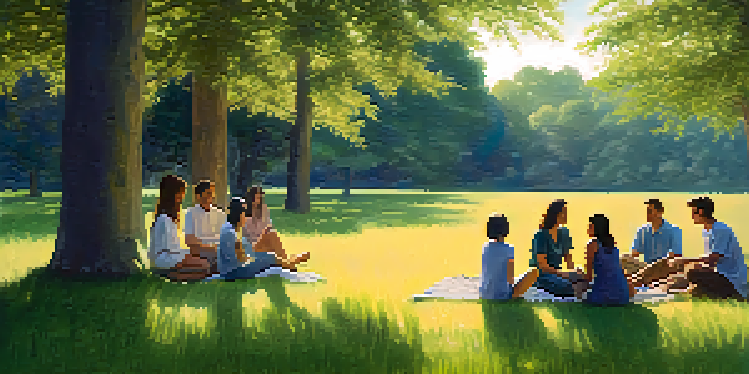 A diverse group of people sitting in a circle on a grassy field, sharing their thoughts in a warm and inviting outdoor setting.