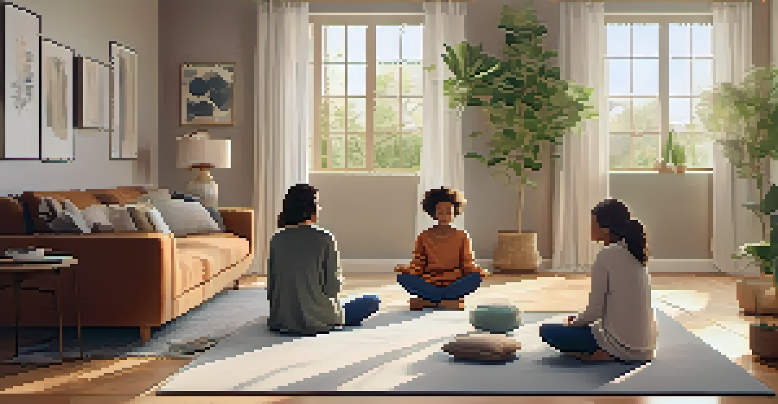 A family practicing mindfulness together in a cozy living room with natural light.