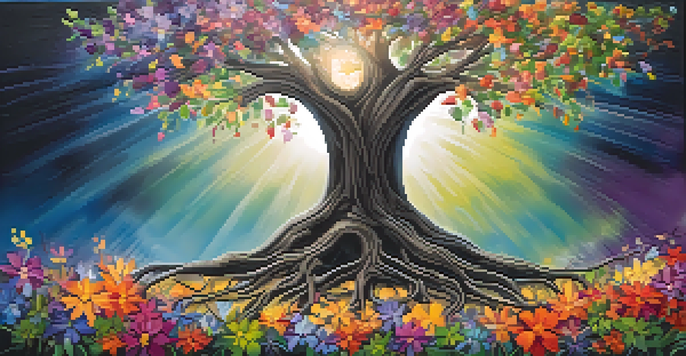 An abstract image of a tree with colorful flowers representing the transformation of conflict into growth, with sunlight filtering through.