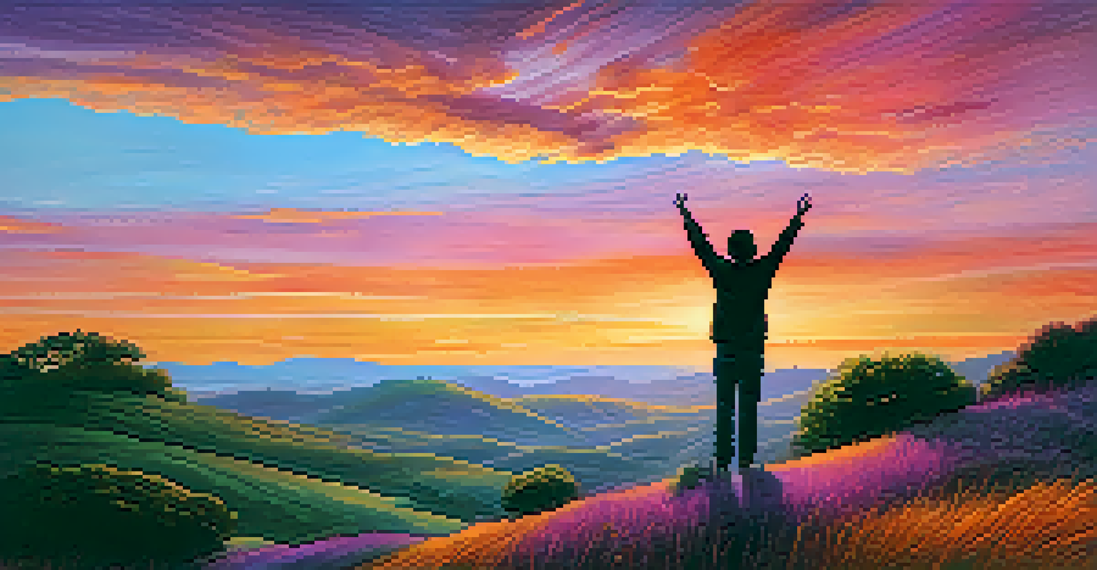 A silhouette of a person standing on a hilltop at sunset with arms raised, surrounded by a colorful sky.