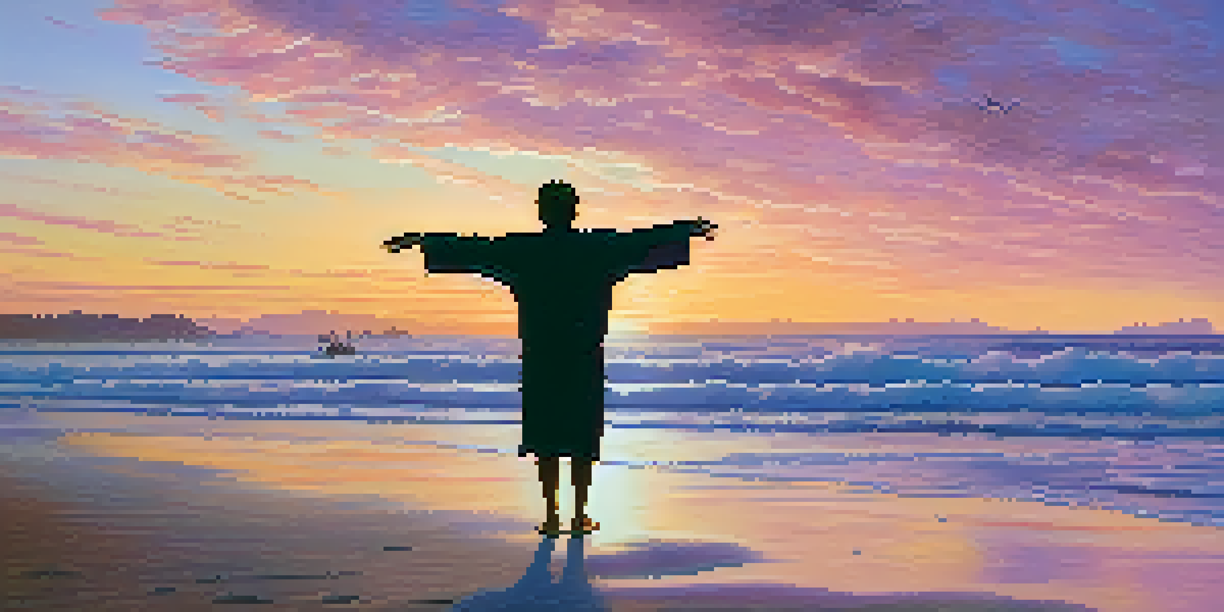 A person standing on a beach at sunset, arms outstretched, with colorful clouds in the sky and gentle waves on the shore.