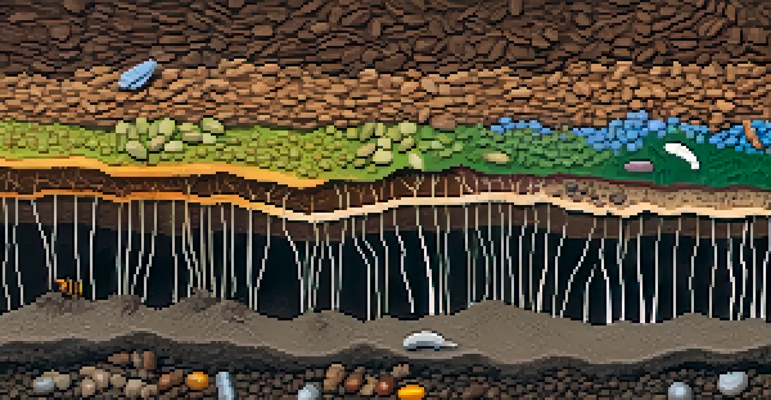 An artistic illustration of soil layers with roots and earthworms, showcasing biodiversity.