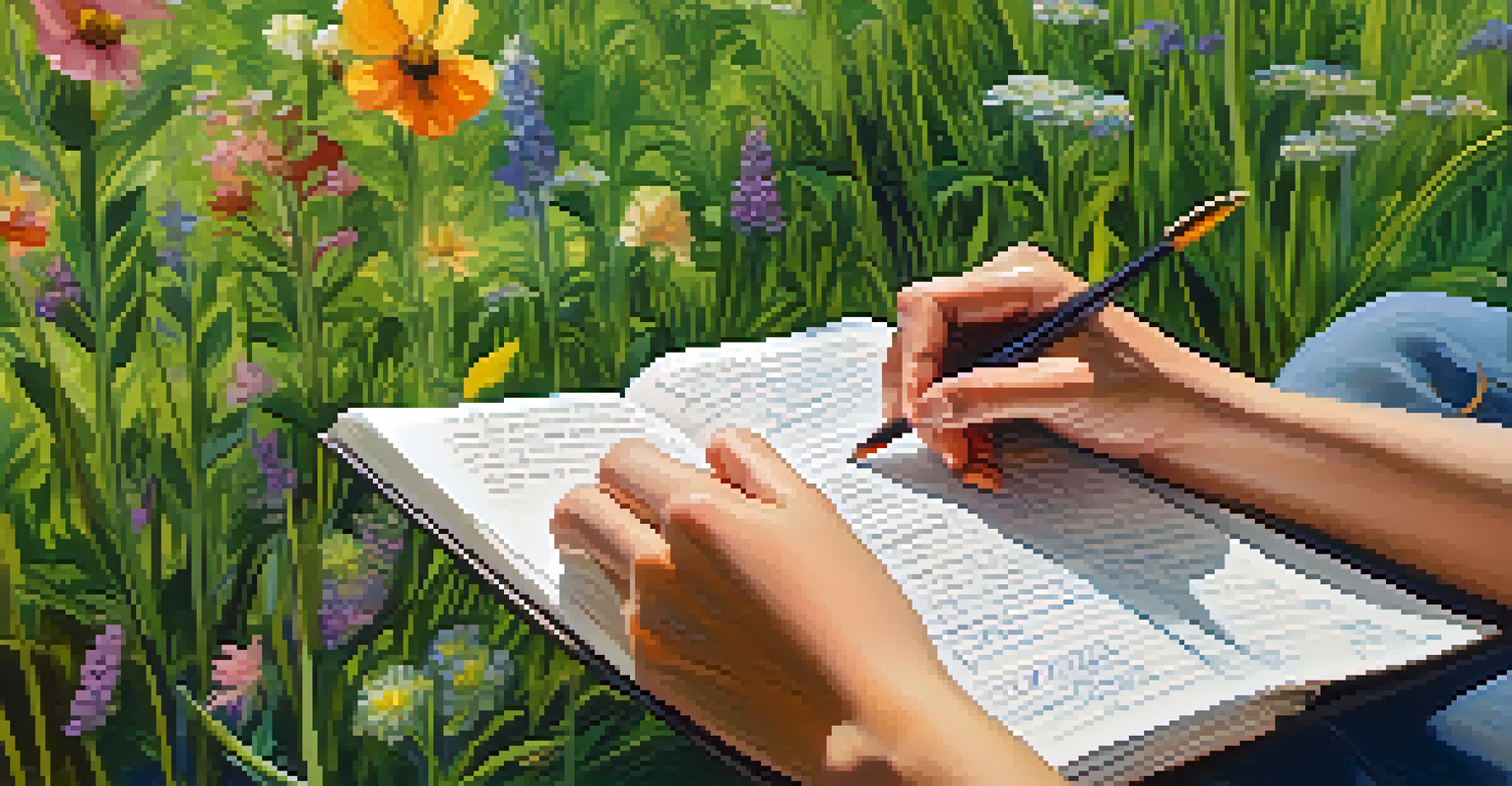 Hands writing in a journal surrounded by a lush natural landscape.