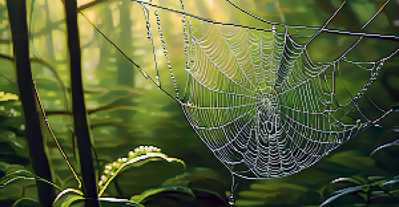 A close-up of a spider's web adorned with dew drops, illuminated by sunlight in a lush forest setting.
