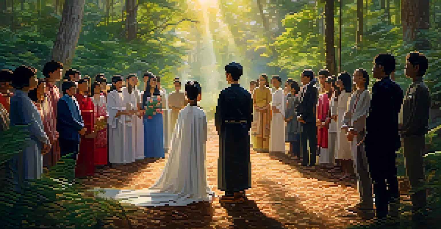 A young person standing in a forest during a coming-of-age ceremony, surrounded by family in traditional attire.