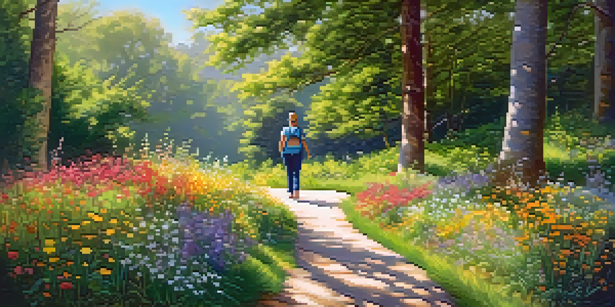 A person walking peacefully along a winding nature trail surrounded by greenery and wildflowers, with sunlight filtering through the trees.