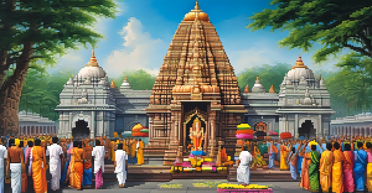 A South Indian temple during a festival, showcasing ornate towers and devotees in traditional attire.
