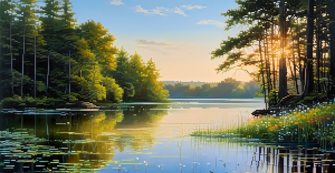 A peaceful lake scene with lush green trees, soft sunlight, and blooming wildflowers.