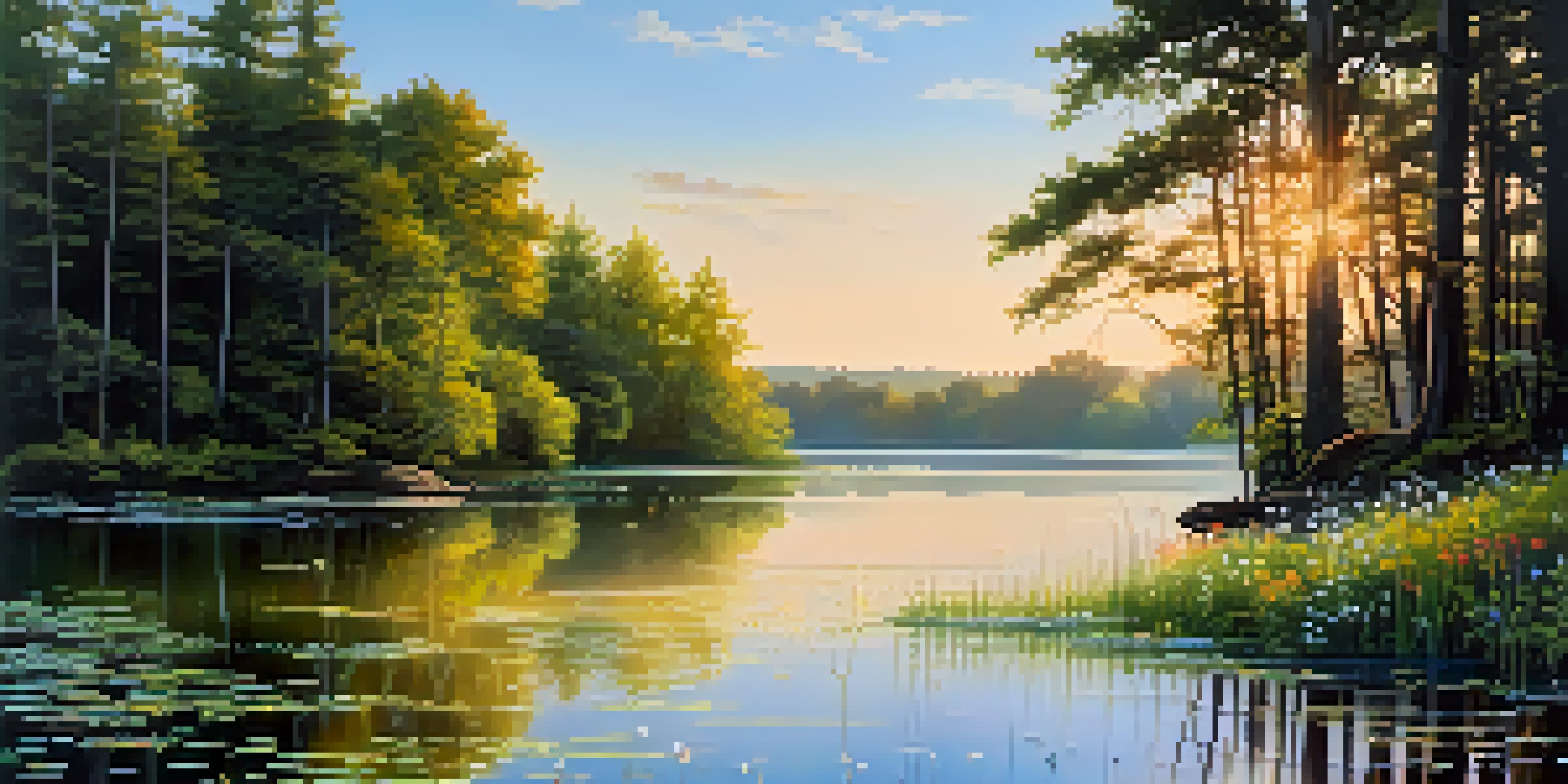 A peaceful lake scene with lush green trees, soft sunlight, and blooming wildflowers.