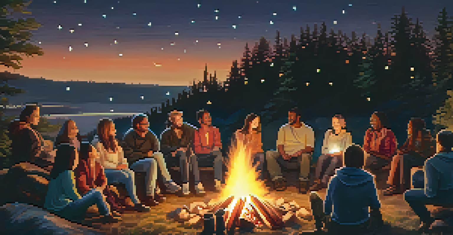 A diverse group of people gathered around a bonfire at night, enjoying stories and laughter under the stars.