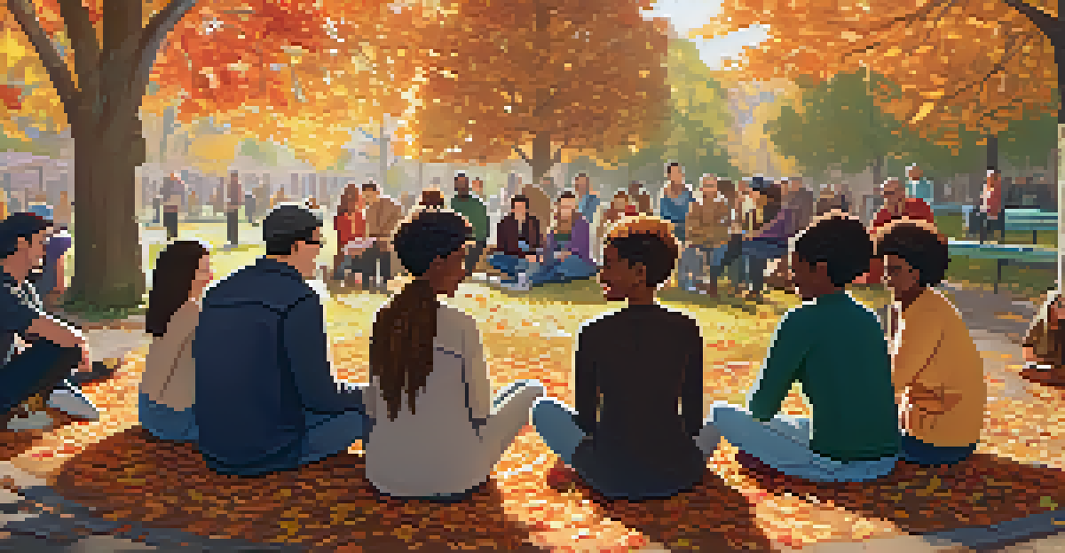 A group of people sharing gratitude in a park during autumn, surrounded by colorful leaves and sunlight.