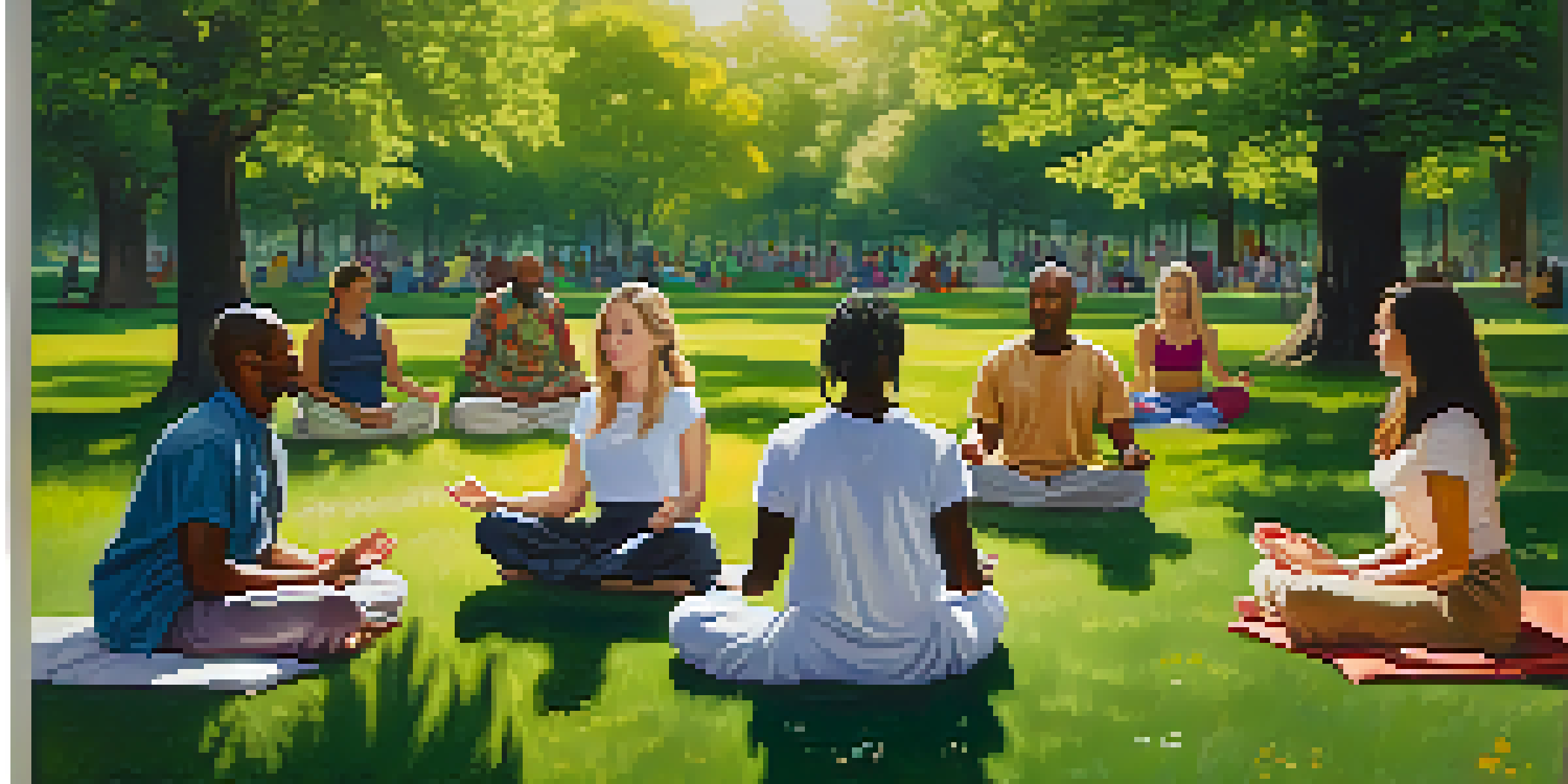 A diverse group of individuals meditating together in a sunlit park, surrounded by greenery and colorful flowers.