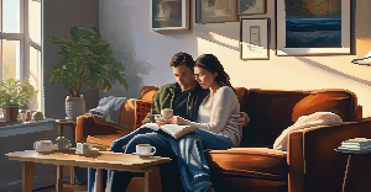 A couple sitting on a couch, sharing their vulnerabilities in a cozy, warmly lit room.