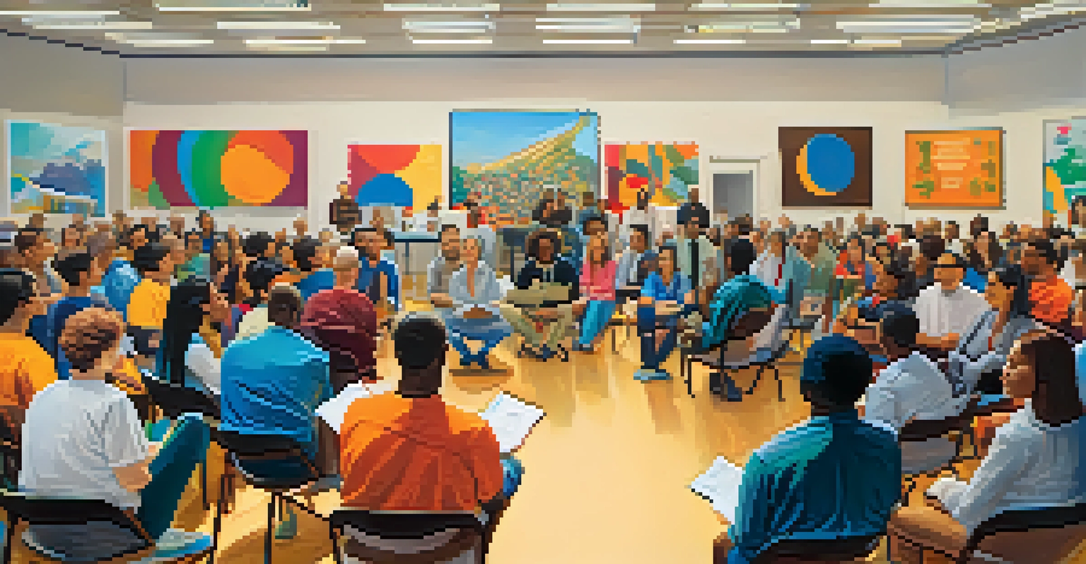 A workshop scene with a speaker addressing a diverse audience seated in a circle, surrounded by colorful posters.