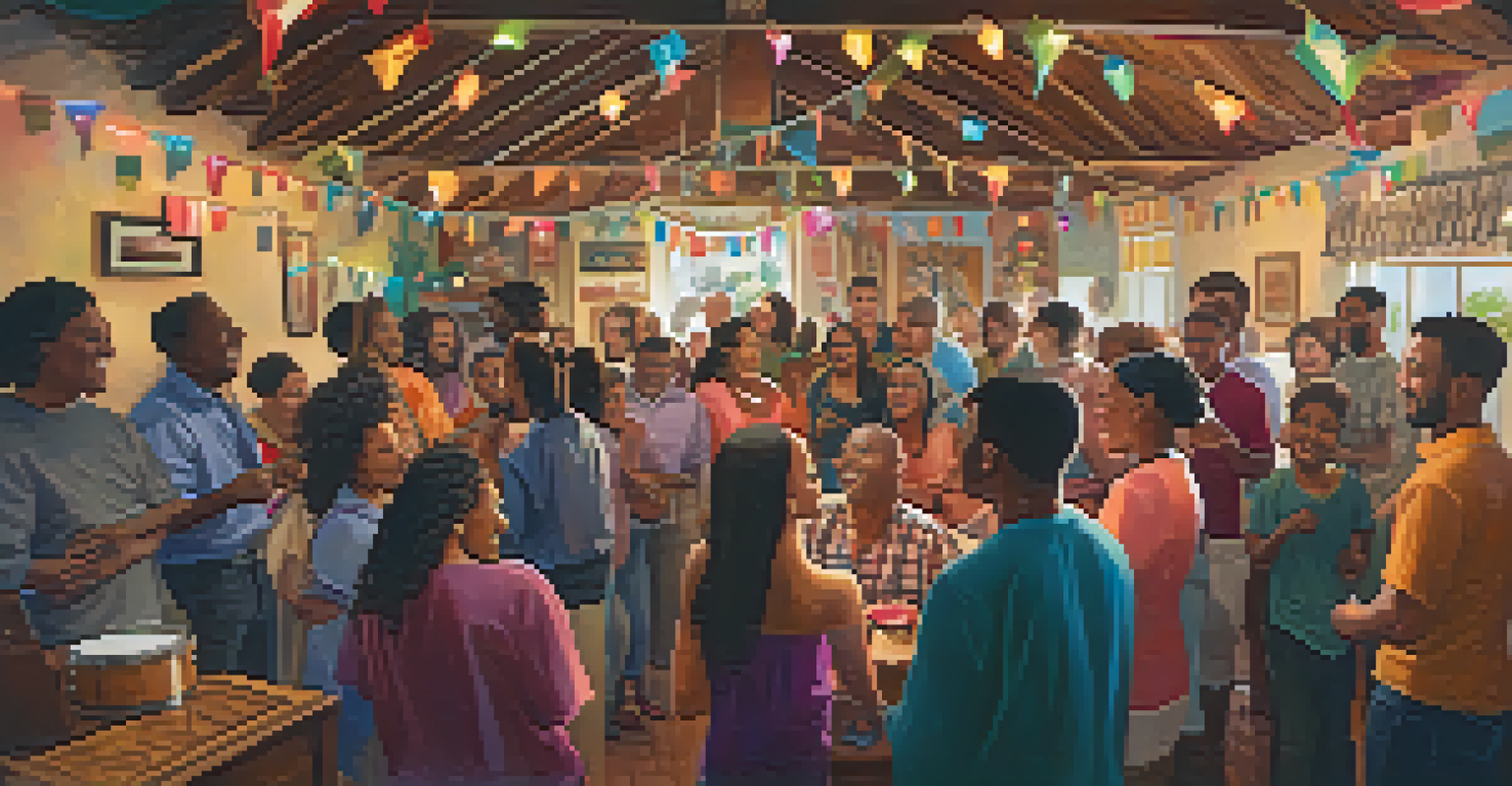 A diverse group of people singing and playing instruments together in a warmly lit indoor space.