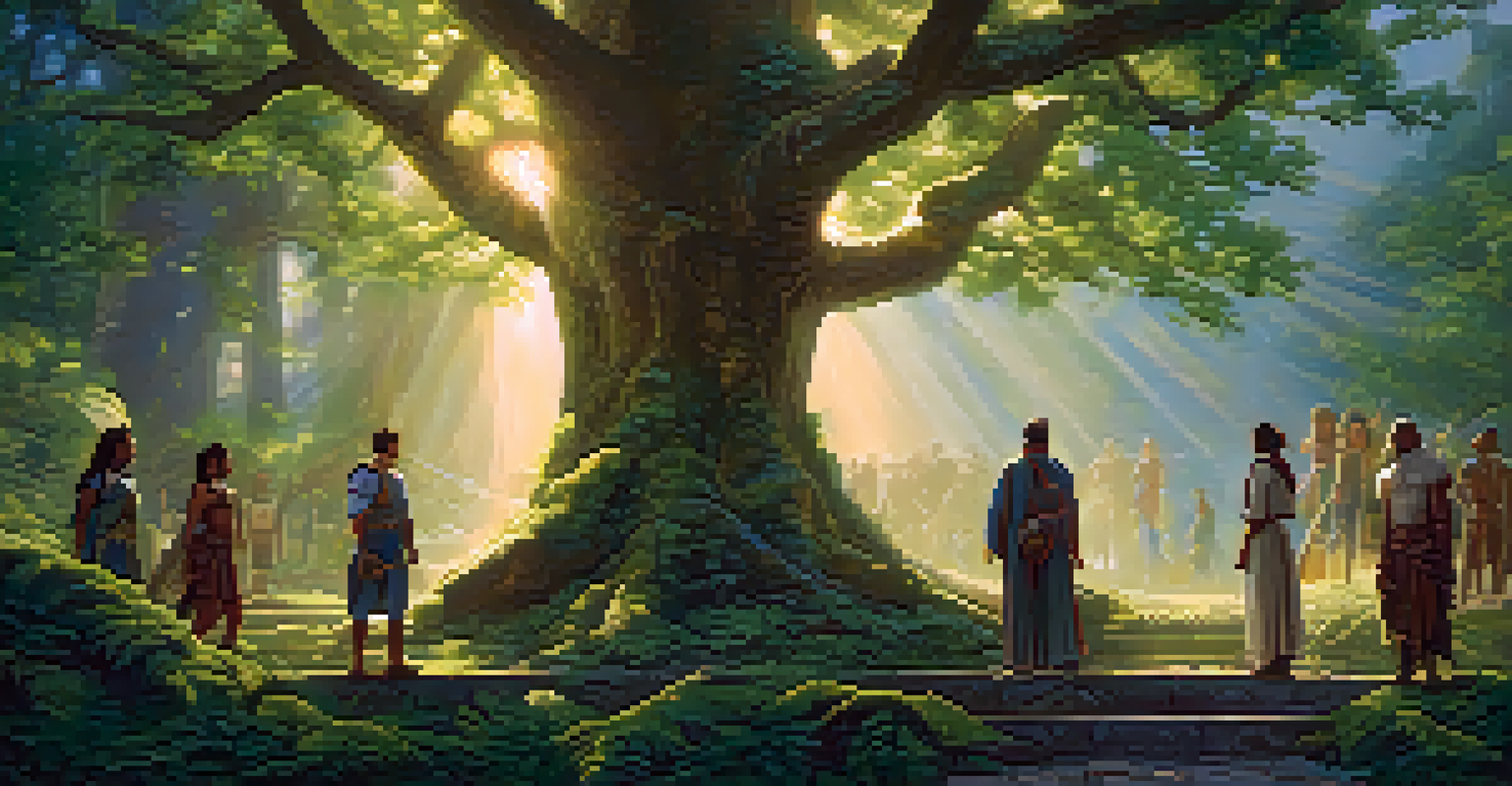 A diverse group of mythical heroes at a crossroads in a mystical forest, symbolizing the journey of life.