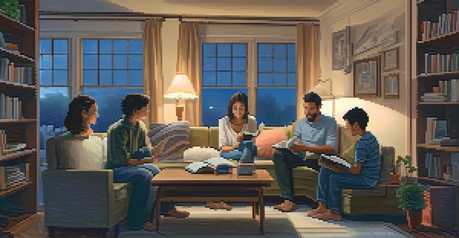 A couple reading a spiritual book to their children in a cozy living room filled with pillows and warm lighting.