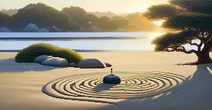 A peaceful Zen garden at sunrise with rocks, sand, and a bonsai tree.