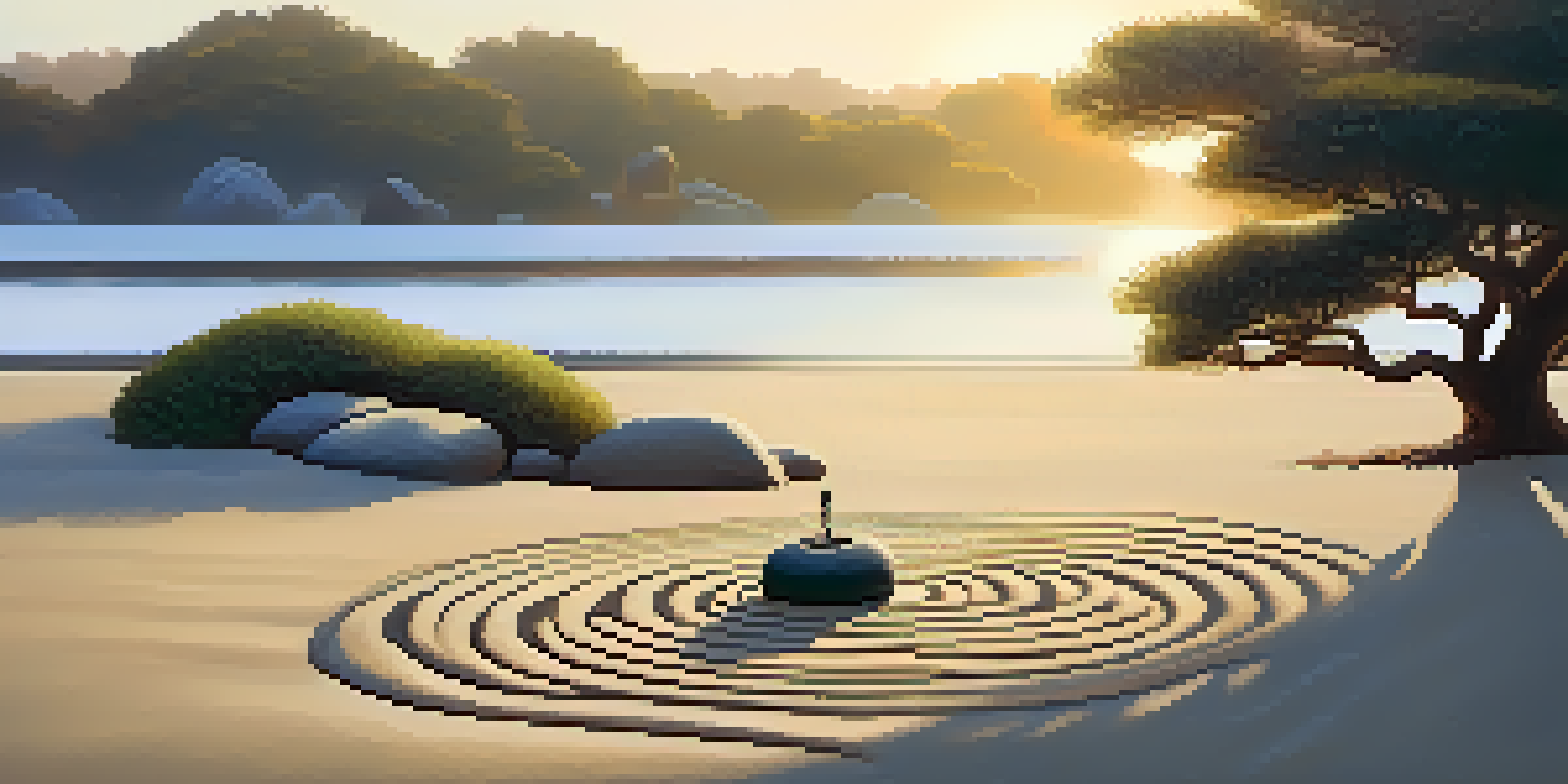 A peaceful Zen garden at sunrise with rocks, sand, and a bonsai tree.
