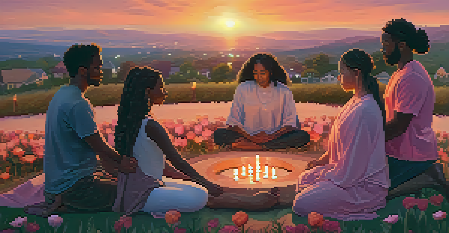 A diverse group of individuals holding hands in a prayer circle during sunset, surrounded by flowers and candles.