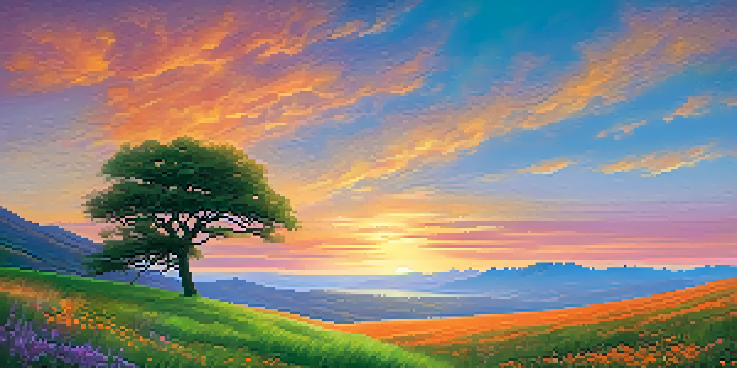 A figure on a hilltop watching a colorful sunset over mountains, surrounded by green grass and wildflowers, representing introspection.