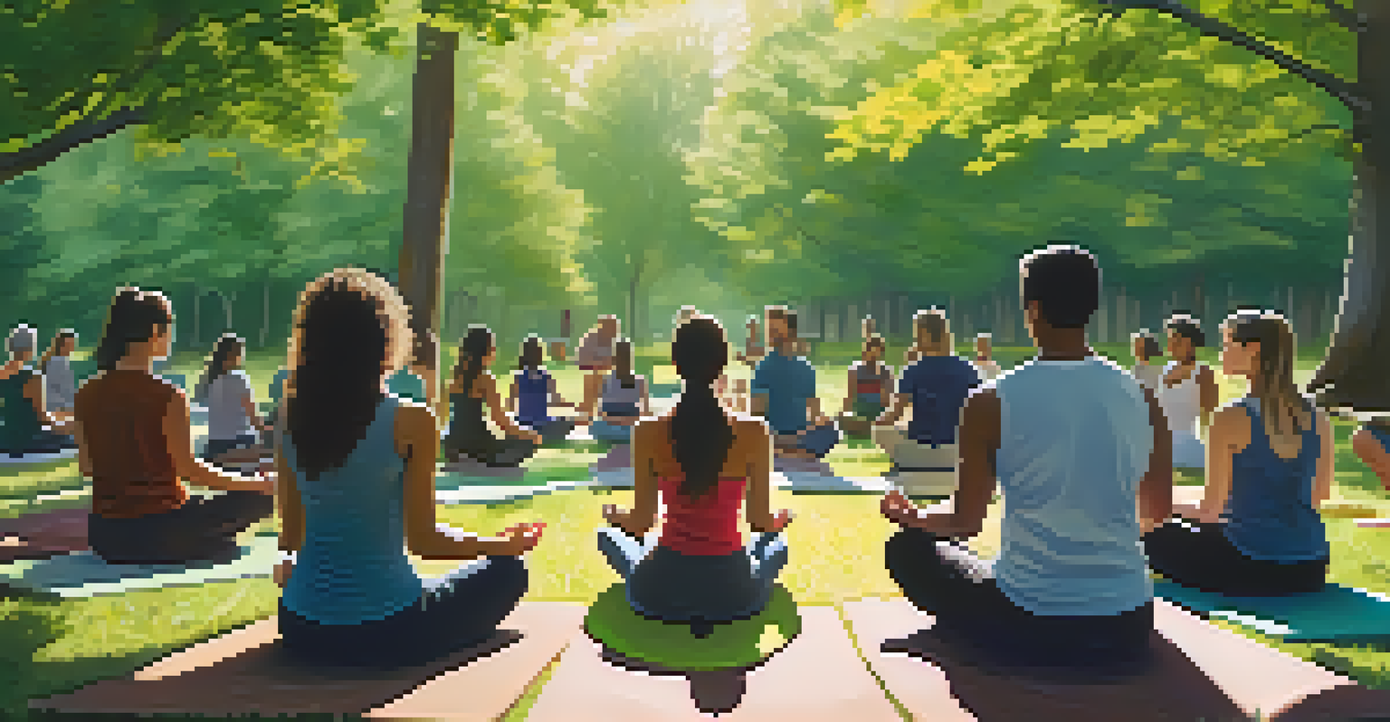 A group of people meditating in a sunlit park, seated in a circle on yoga mats surrounded by greenery.