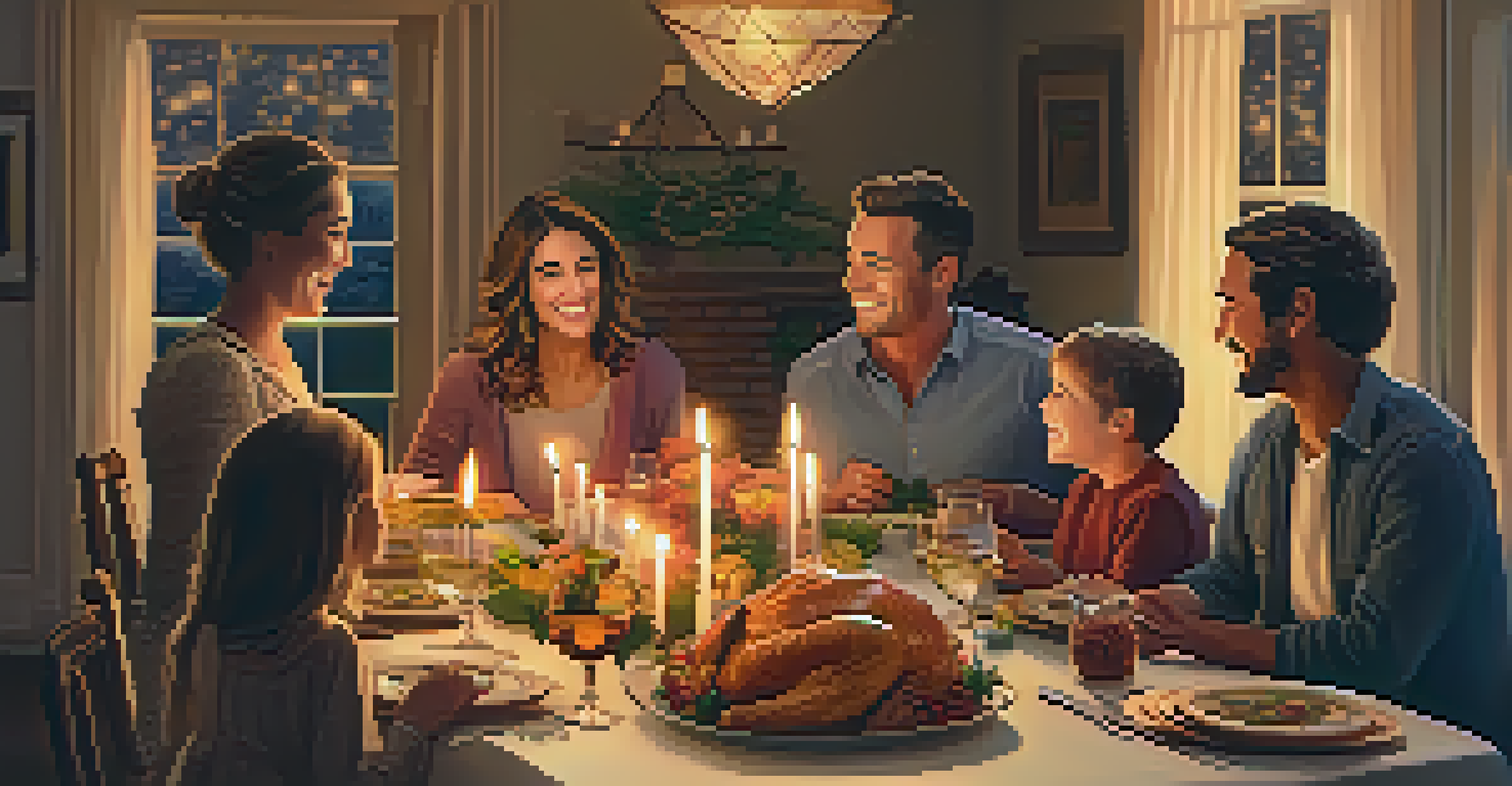 A family at a dinner table sharing a gratitude ritual, with candles and seasonal decorations creating a warm atmosphere.