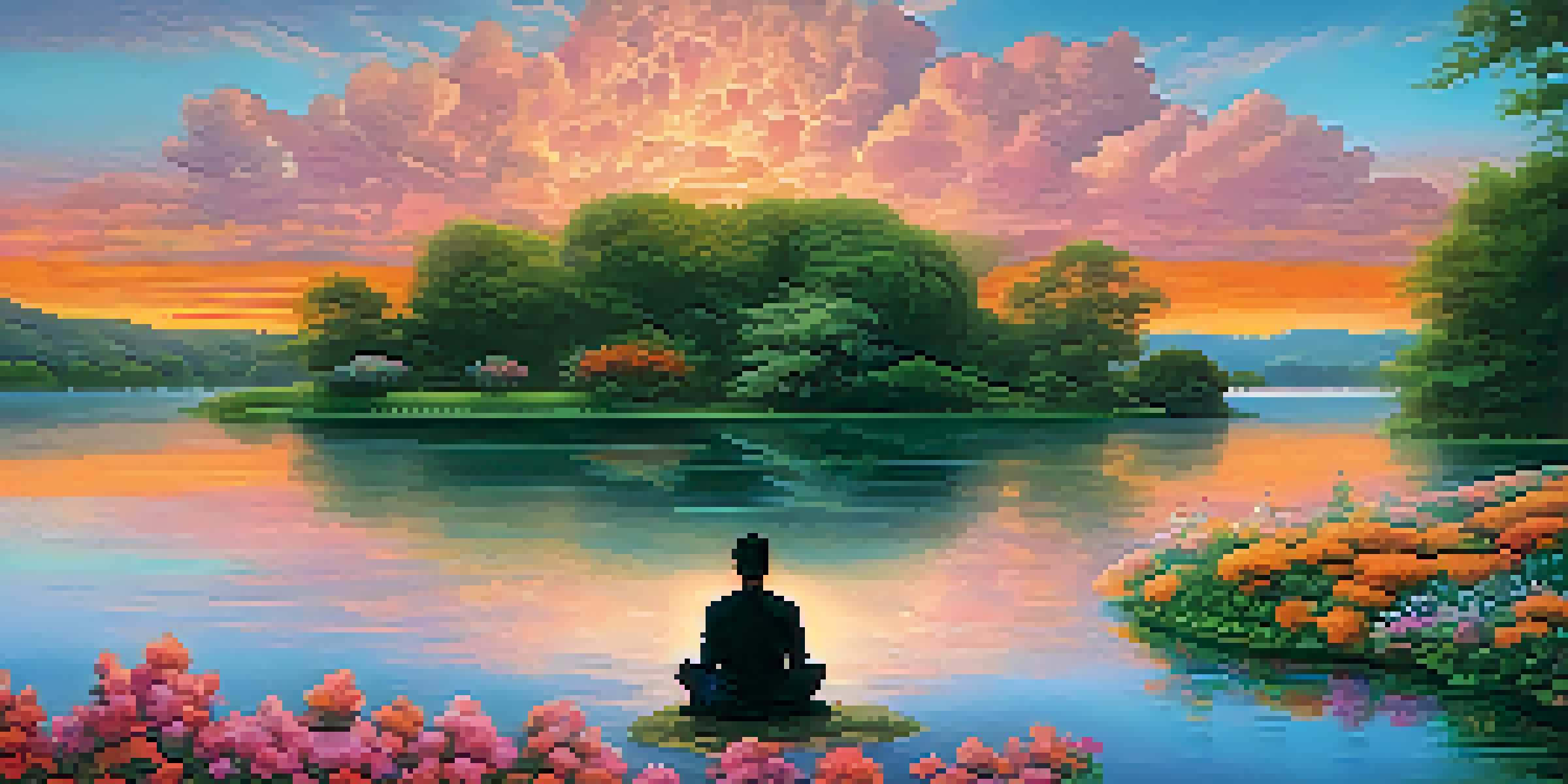 A tranquil lake reflecting a colorful sunset with a meditating figure by the water and a vibrant garden of flowers in the foreground.