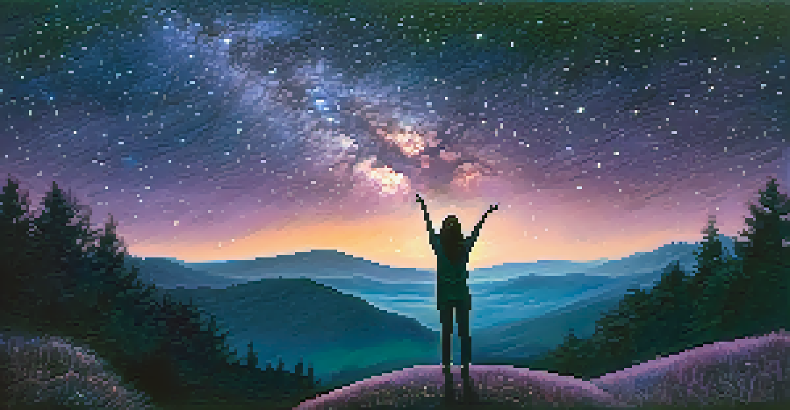A night sky filled with stars and the Milky Way, with a person silhouetted on a hill, embracing the cosmos.