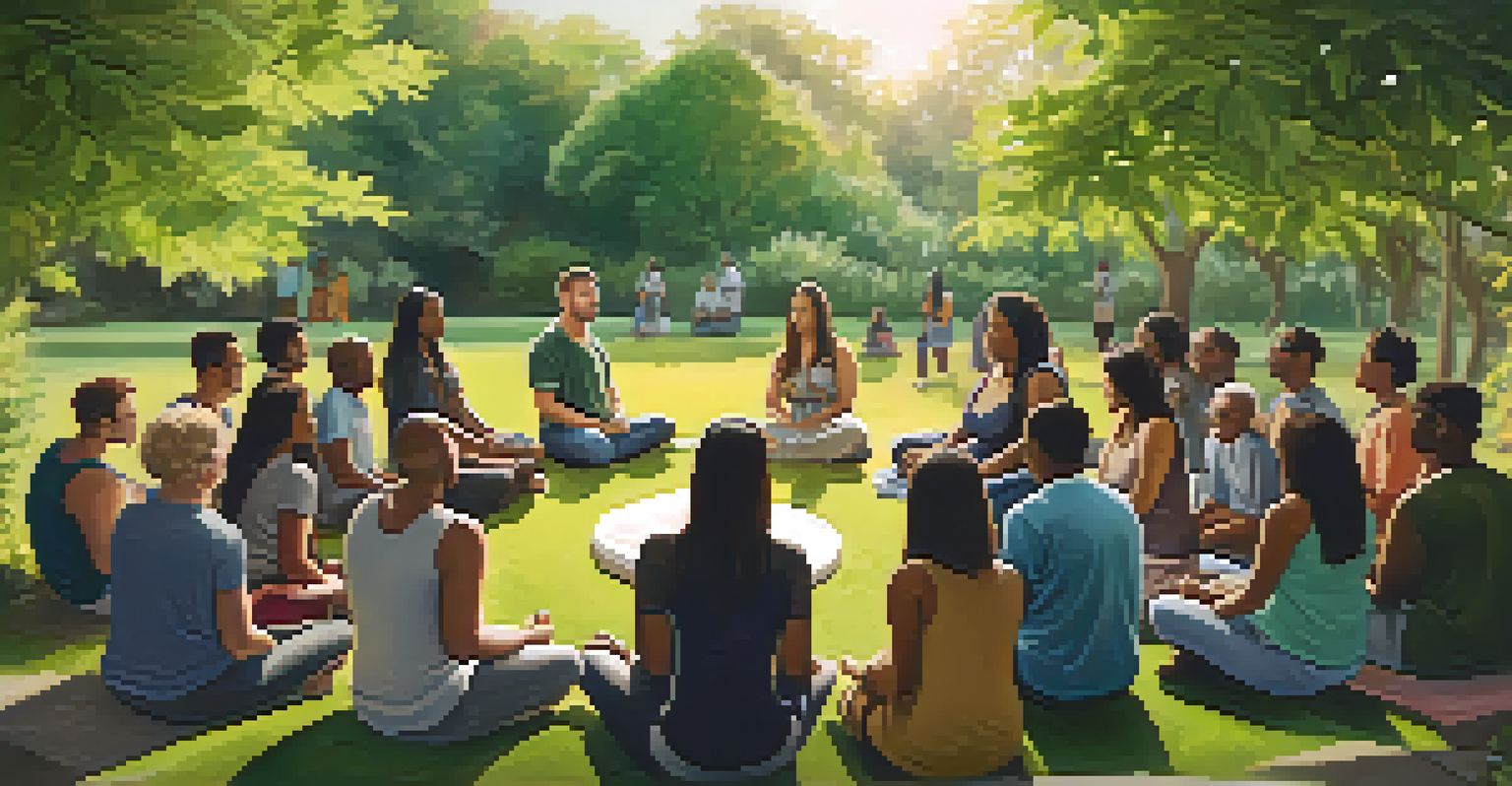 A diverse group of people sitting in a circle, participating in a group meditation in a lush outdoor setting, surrounded by greenery.