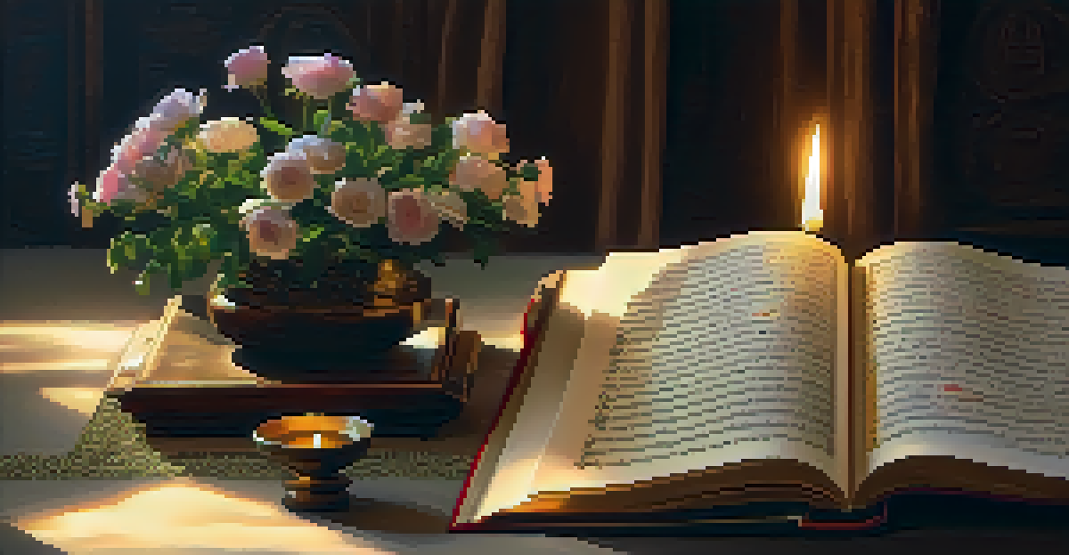 An open Sufi poetry book with elegant calligraphy on a wooden table, accompanied by flowers and a candle, bathed in soft natural light.