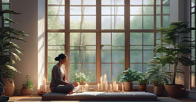 A peaceful meditation space with a person sitting cross-legged on a cushion, surrounded by plants and candles, illuminated by natural light.