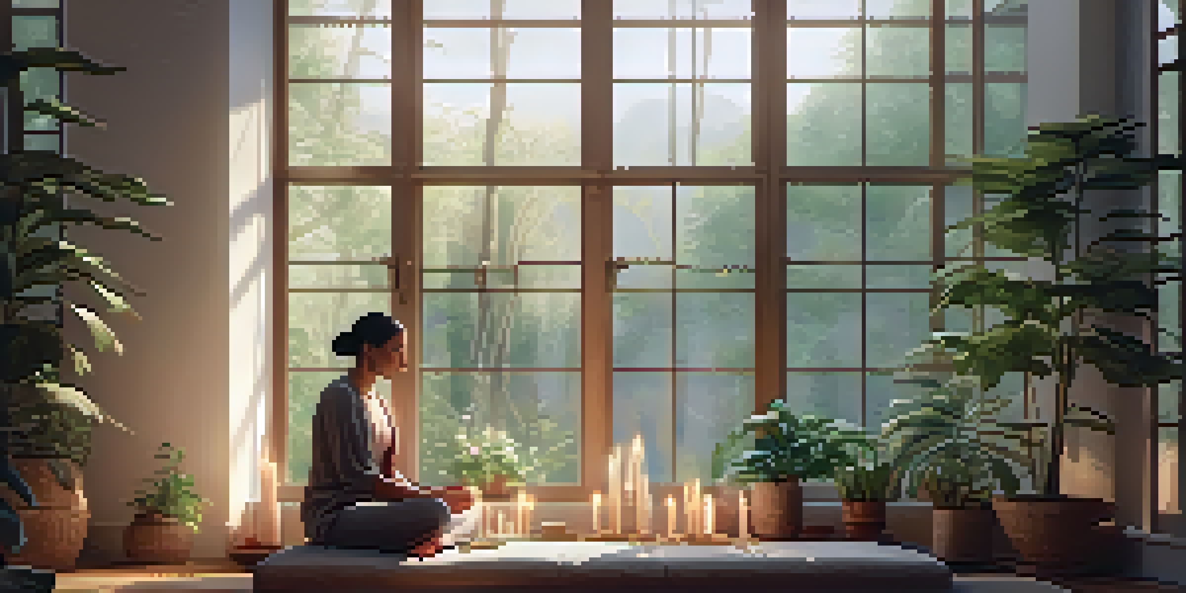 A peaceful meditation space with a person sitting cross-legged on a cushion, surrounded by plants and candles, illuminated by natural light.