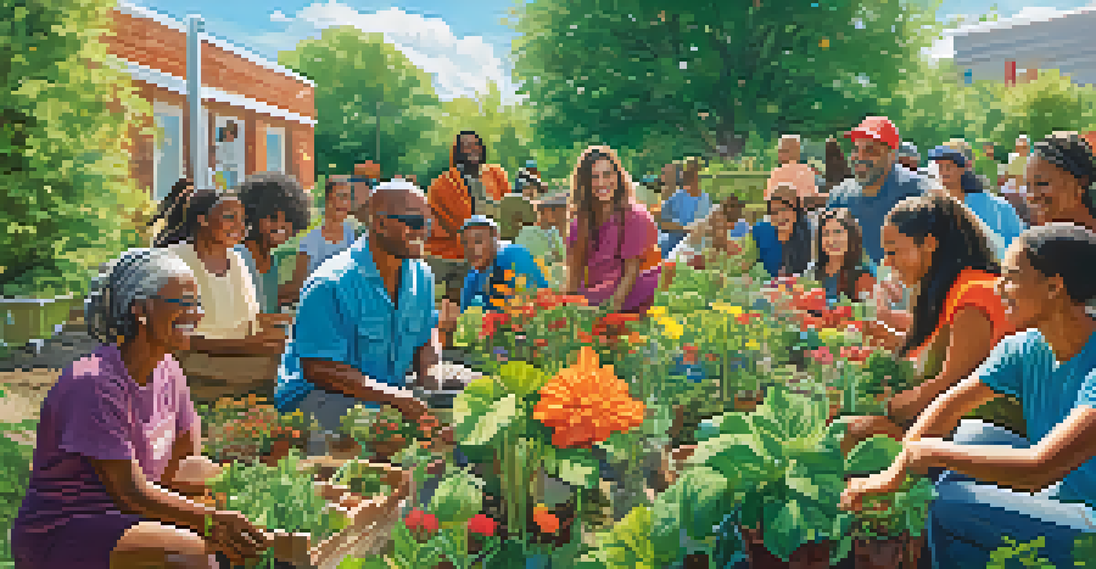 A community garden where people of various backgrounds are planting flowers and vegetables together, surrounded by greenery and blue sky.