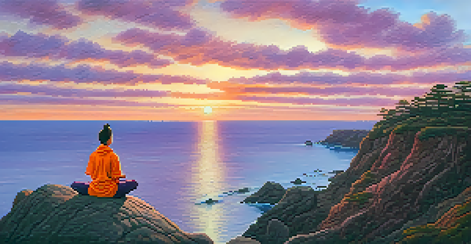 A person meditating on a cliff at sunset, overlooking the ocean.