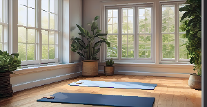 A tranquil indoor space for breathwork with natural light, plants, and candles on a wooden floor.