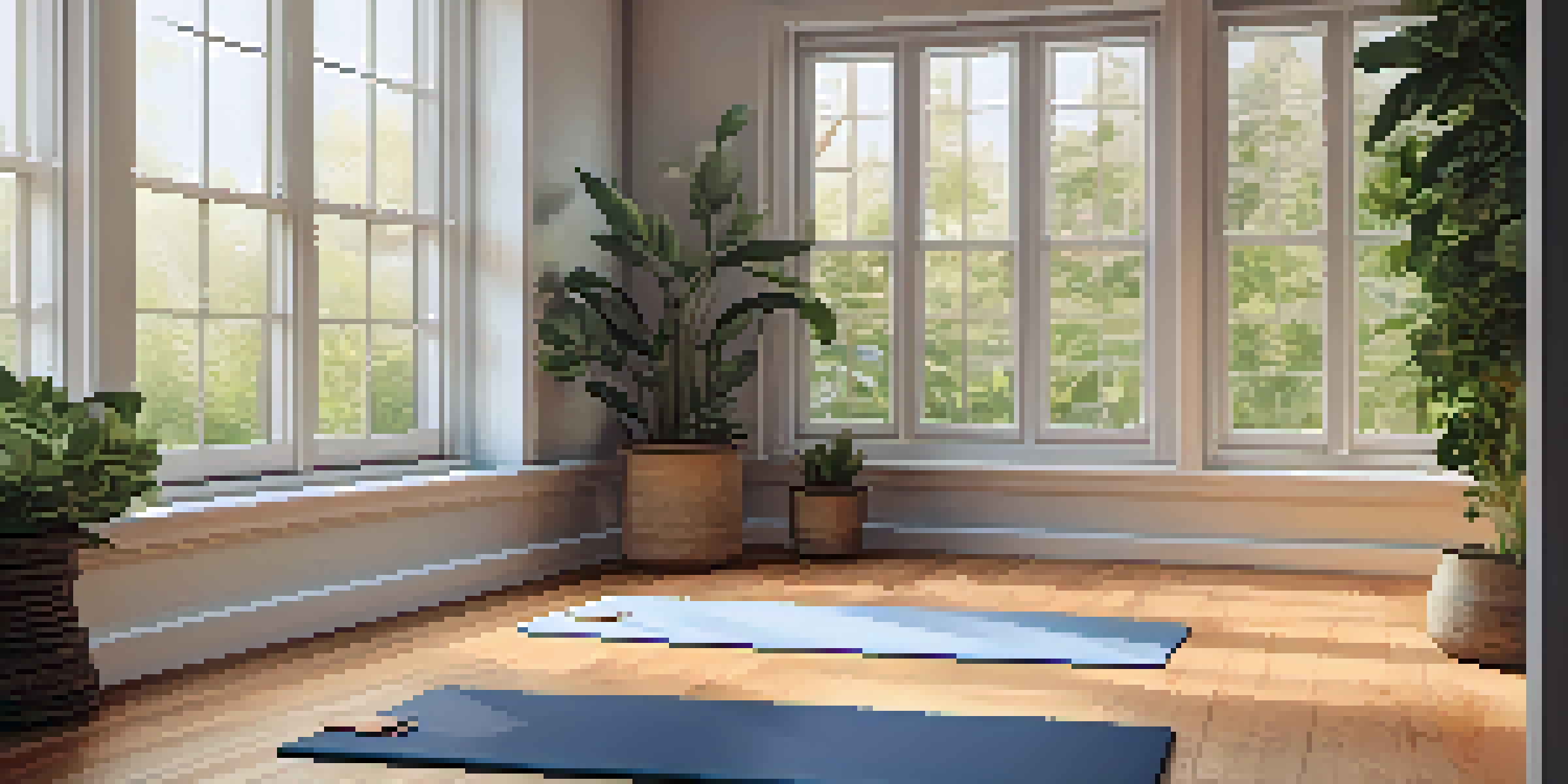 A tranquil indoor space for breathwork with natural light, plants, and candles on a wooden floor.