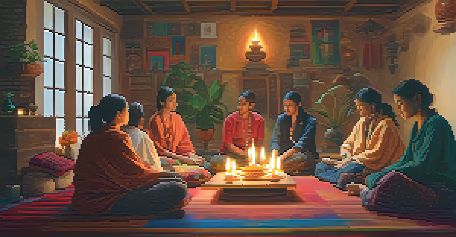 A warm and inviting indoor space where a diverse group of people participates in a spiritual ritual surrounded by cushions and candles.