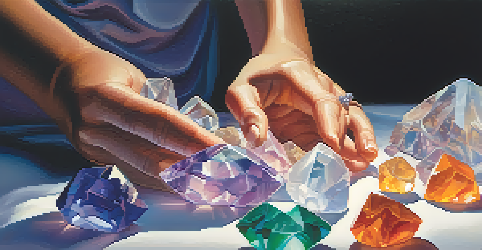 Hands placing colorful crystals on a person's body for healing, with a calm expression in the background.